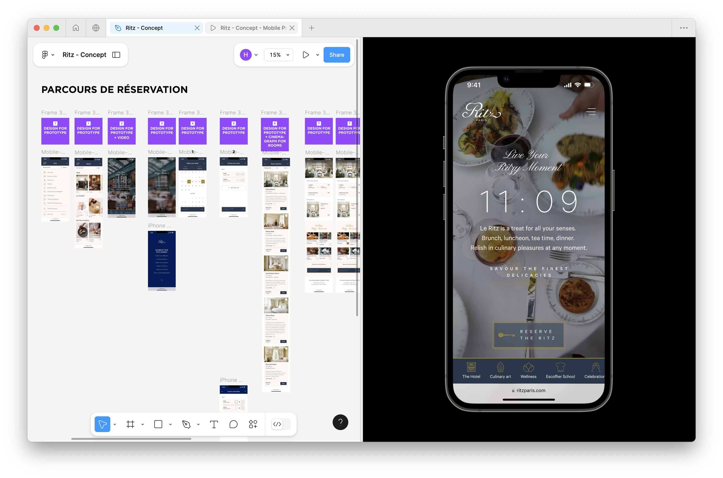 Ritz Paris functional prototype made with Figma with a first iteration of the art direction